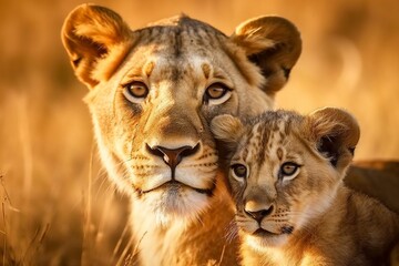 Tender Moment Between Mother Lion and Cub - AI Generative