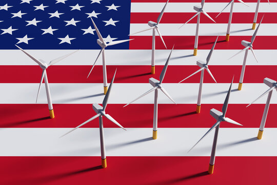 Wind turbines electricity generators scattered on the national flag of the USA. Illustration of the concept of American renewable and wind power development