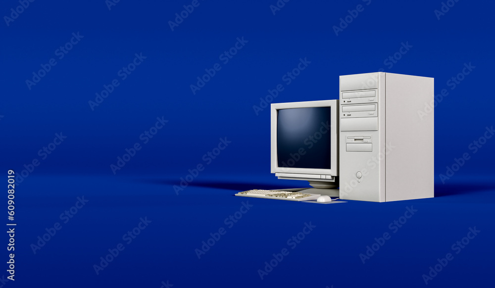 Poster 3d vintage computer on blue background with empty space