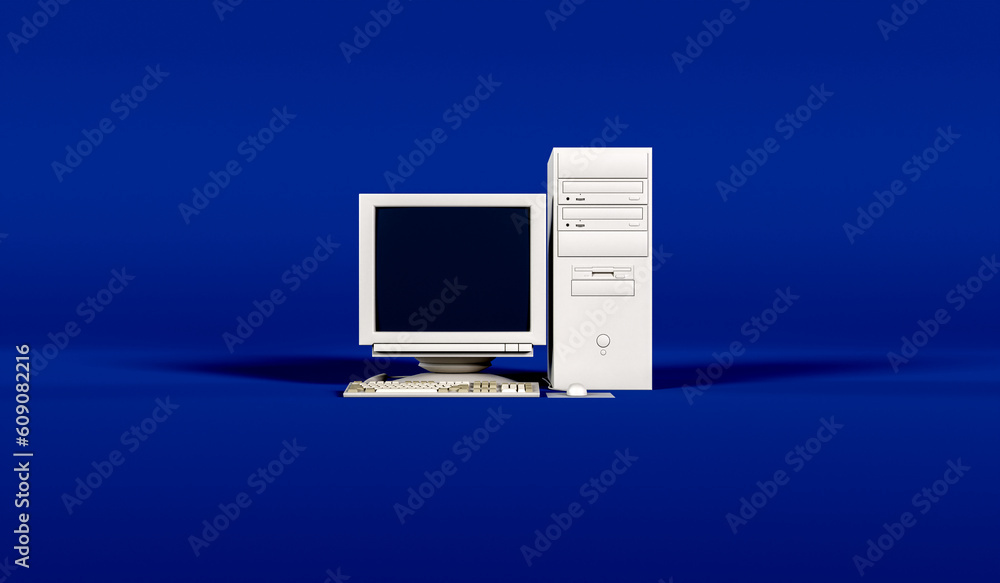 Poster 3d vintage computer on blue background with empty space