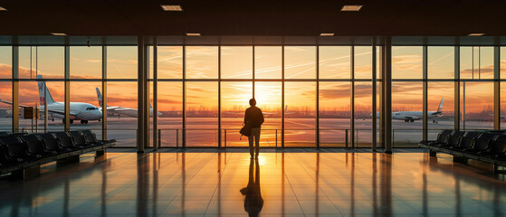 young woman goes at airport at window with suitcase waiting for plane. Generative AI