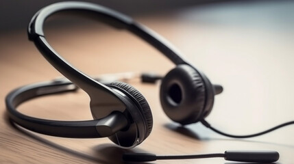 Headphones on a wooden table, close-up, selective focus.generative ai