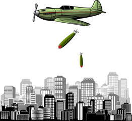 vevector illustration of bomber plane on city