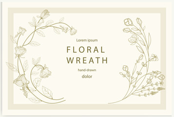 Hand-drawn line floral frame. Elegant vintage wreath. Vector illustration.