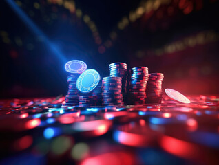 Red blue casino chips in neon shades