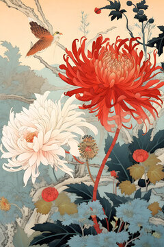 Japanese ukiyo-e style chrysanthemums, created using generative AI