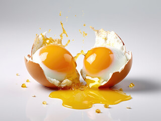 Two halves of broken egg with yolk splash, white background