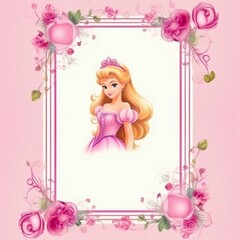 Pink frame with cartoon princess. Generative AI