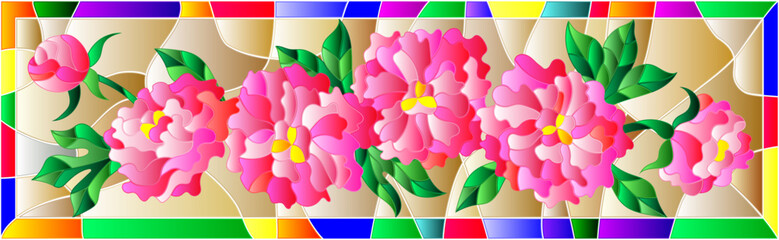 Illustration in the style of a stained glass window with peonies on a light background in a bright frame