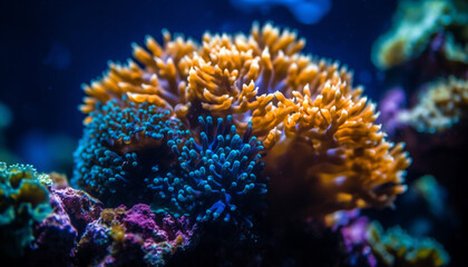 Fototapeta na wymiar Multi colored fish swim in natural coral reef generated by AI