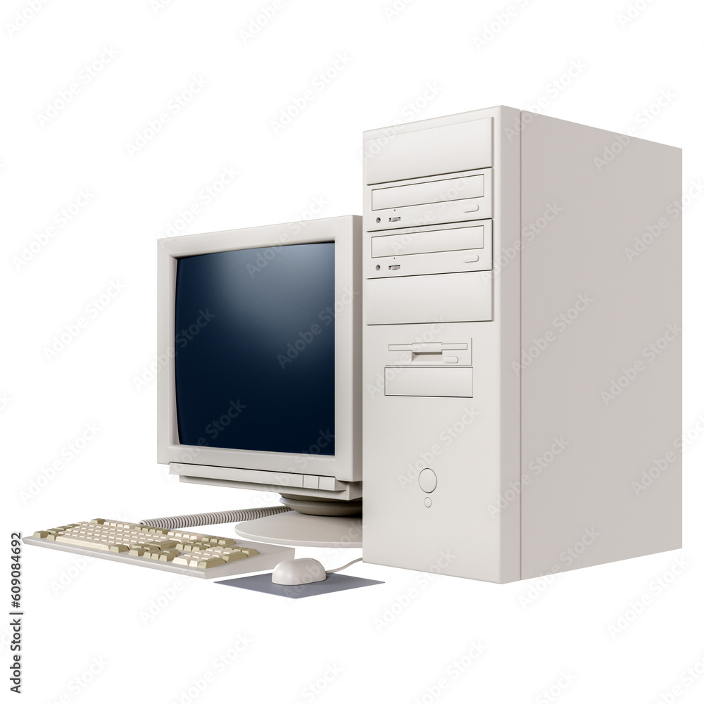 Poster 3d vintage computer monitor with mouse, cpu, and keyboard from side view