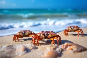 Fototapeta na wymiar Three Crabs Walking on Sunny Beach - Ocean Life Exploration - AI Generative