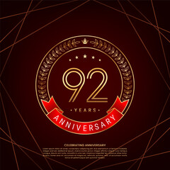 92th anniversary logo with golden laurel wreath and double line numbers, logo design for anniversary celebration event, double line style vector design
