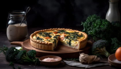 Naklejka na ściany i meble Treat yourself to a slice of delicious homemade quiche packed with succulent salmon, vibrant broccoli, and fragrant basil leaves.