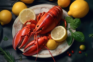 Delicious freshly boiled lobster on a plate with a lemon. Generative AI