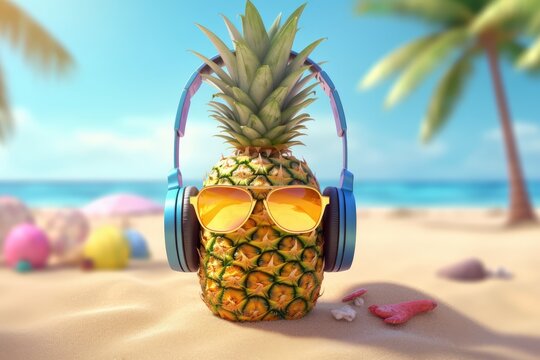 Pineapple with sunglasses and headphones at tropical beach. Generative AI