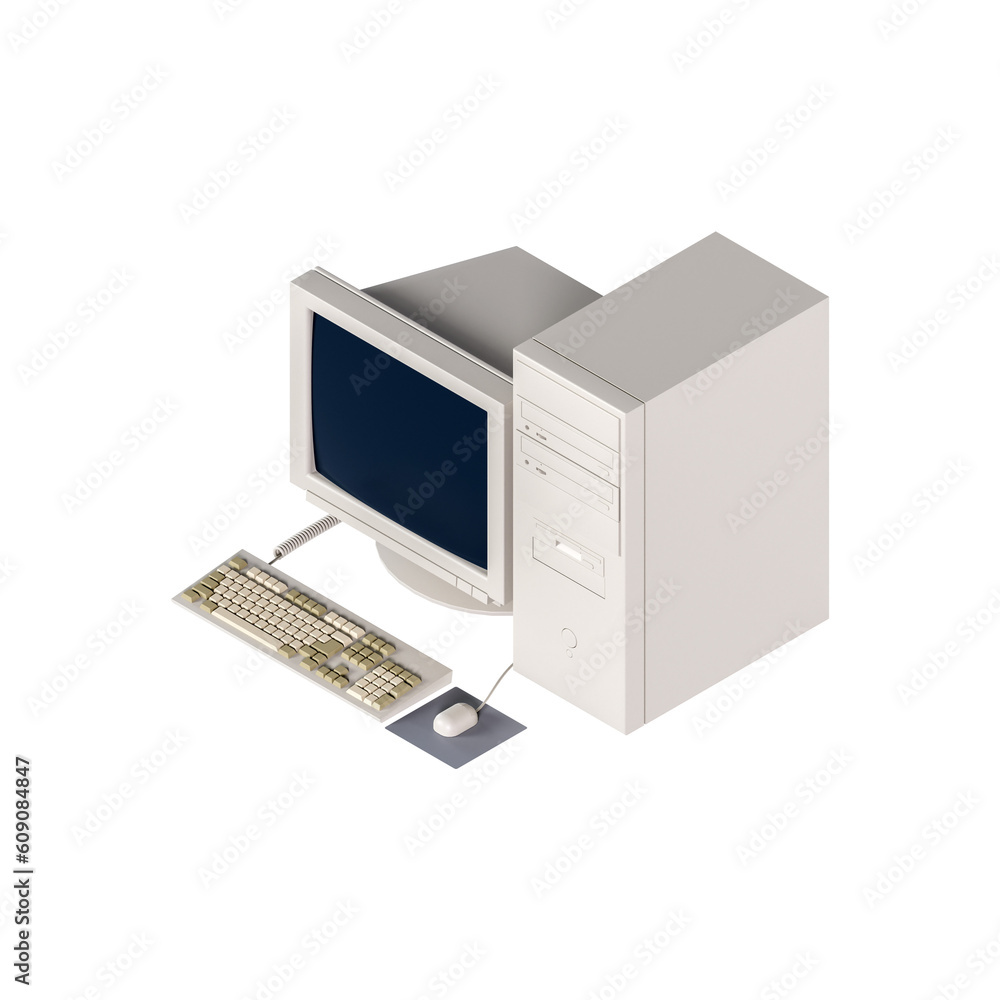 Poster 3d vintage computer monitor with mouse, cpu and keyboard from isometric view