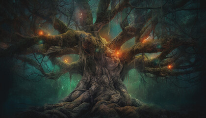surreal fantasy landscape with huge tree generative art
