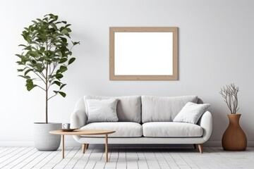 Fototapeta na wymiar Mock-up frame in modern home and white interior with sofa, fur, table and branch. Generative AI