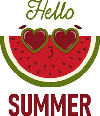 Funny piece of watermelon with sunglasses and Hello Summer text. Flat style summer illustration