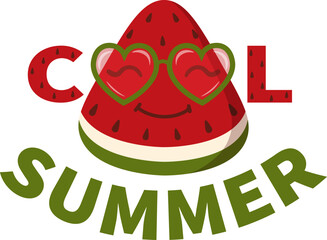 Funny piece of watermelon with sunglasses and Cool Summer text. Flat style summer illustration