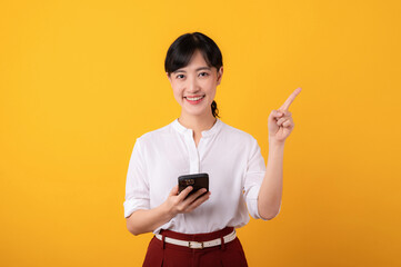 Portrait beautiful young asian woman enterpriser happy smile wearing white shirt and red plants...