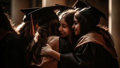 Obraz premium Young women embracing in graduation gown success generated by AI