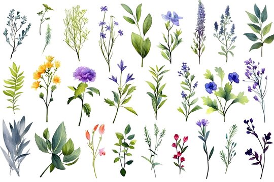 Watercolor elements - wildflowers, herbs, flowers, leaf. Garden and wild, forest herb, branches. Isolated on white background. Generative ai.