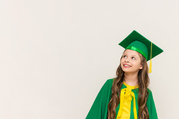 A schoolgirl dressed as a master degree points to your ad. A kid at a junior high school...