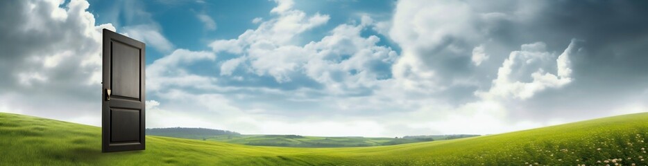 Fototapeta premium Door in a green field on a sunny day. Generative AI