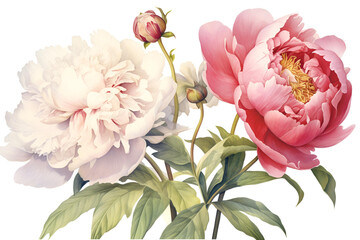 Peonies floral set illustration on white. Floral background. AI generative