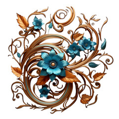 Blue floral ornament illustration on transparent background, drawn style, warm colors combined with shades of blue and black, elegant calligraphy, body art, decoration