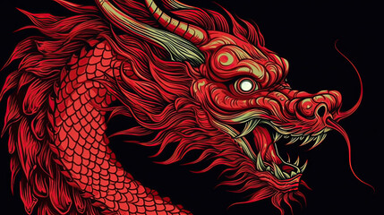 Red Chinese dragon head closeup portrait AI generative