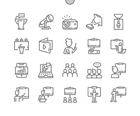 Presentation. Microphone, projector, id cart, folder, speaker. Pixel Perfect Vector Thin Line Icons. Simple Minimal Pictogram