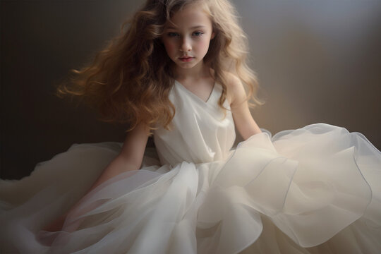 A Young Girl in a White Dress Posing: A Realistic Fantasy Illustration with Soft Lighting and Flowy Hair, Made with Generative AI