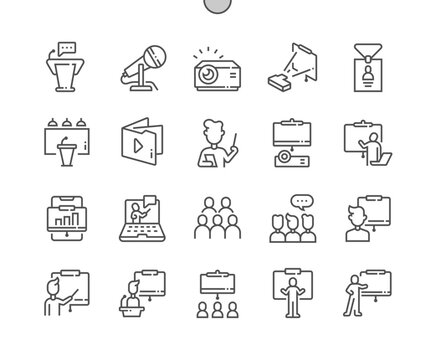 Presentation. Microphone, projector, id cart, folder, speaker. Pixel Perfect Vector Thin Line Icons. Simple Minimal Pictogram