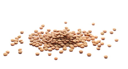 Pile green lentils isolated on white, side view