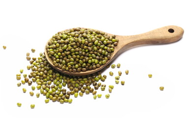 Green mungo beans in wooden spoon (Vigna radiata) isolated on white background, top view