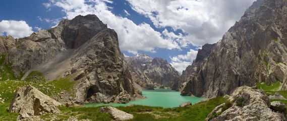 High-mountains loch (altitude about 3500 m). Kyrgyzstan. Two-row panorama of 16 shots.