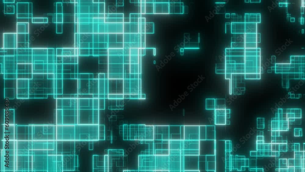 Poster abstract circuit blue cyan and white global network square loop on black background, circuit blue bo
