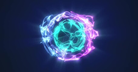 Looping animation. An abstract blue pulsating sphere of streams of particles inside a two-color sphere with a movable surface emitting blue rays. Magic ball.