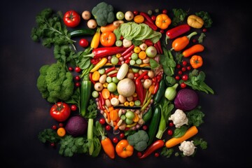 Fototapeta na wymiar Man face portrait composed and made of vegetables and fruits, flat lay top view, food art styling. Creative food concept. 