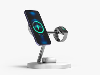 Wireless device charger with smatrphone and smartwatch perspective view 3d render on white with alpha - 609088850
