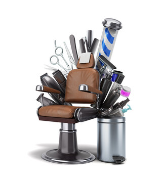 leather barber chair with accessories and tools 3d render on white