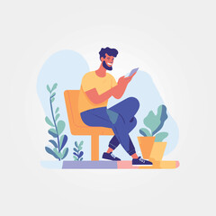 happy man sitting with his cellphone, vector illustration