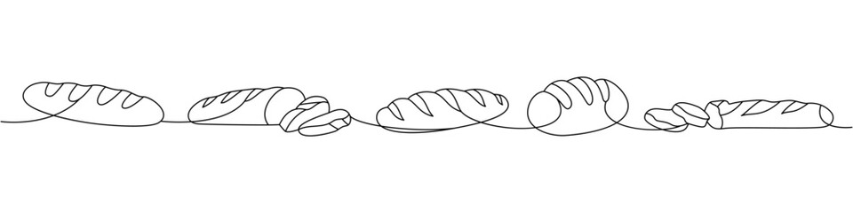 Breads one line continuous drawing. Whole grain and wheat bread, ciabatta, french baguette continuous one line illustration.