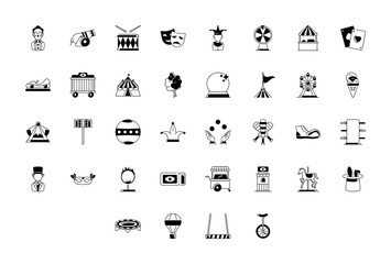 Set of circus icons. joker, circus seal, circus cannon, bicycle, bunny in hat, drum, theater, jester and more.