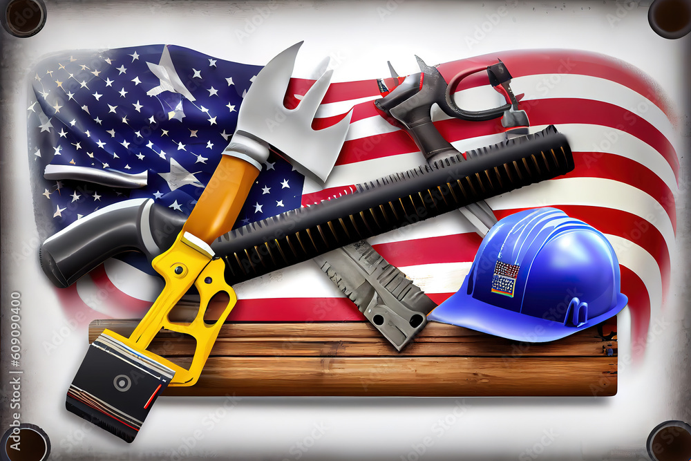 Poster top view design concept of american labor day with working tools. generative ai