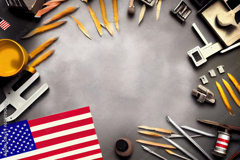 Poster top view design concept of american labor day with working tools. generative ai