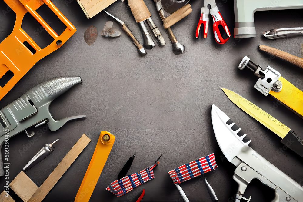 Poster top view design concept of american labor day with working tools. generative ai